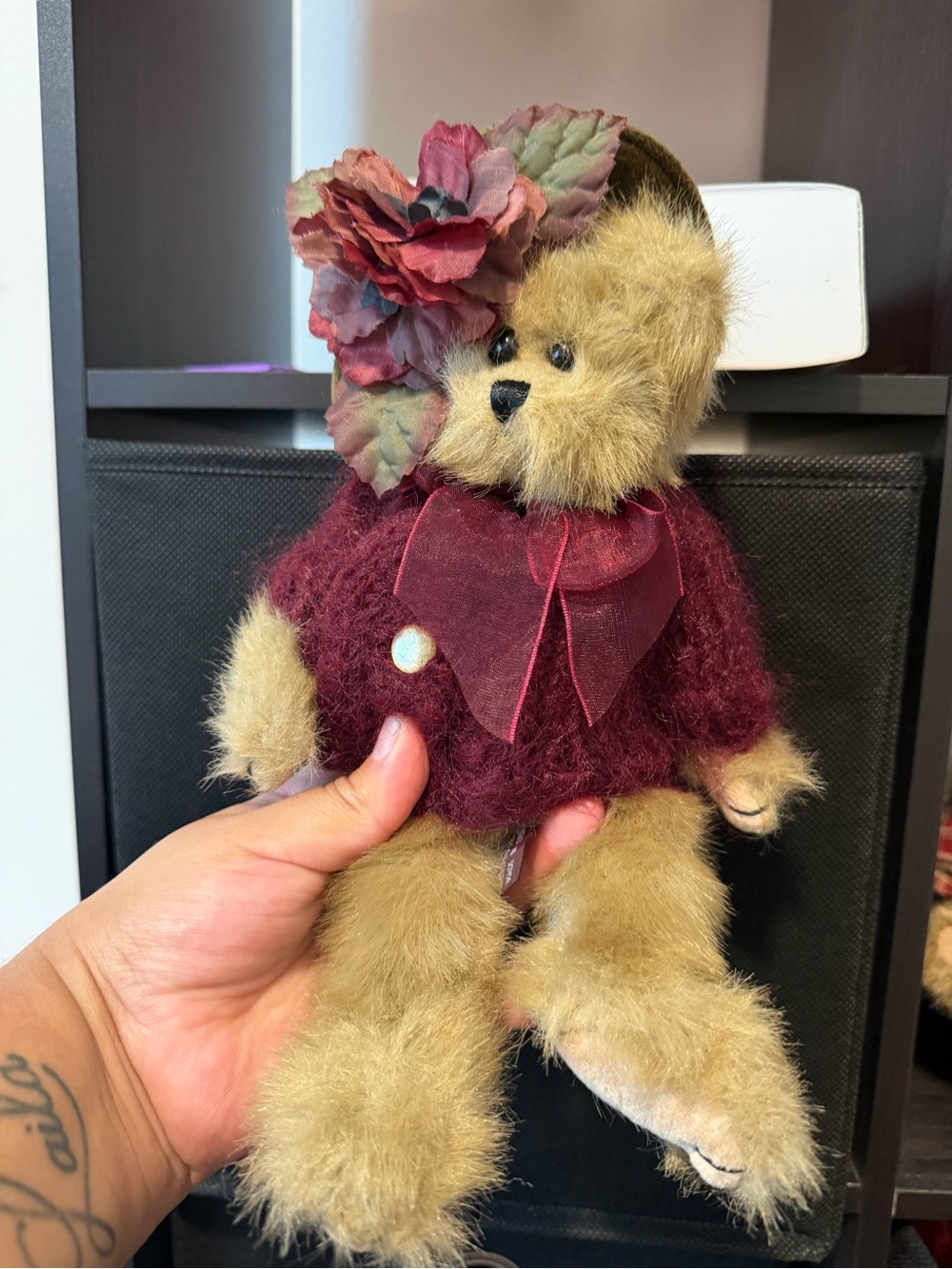 Bearington Collection Plush Teddy Bear Burgundy Sweater Floral Rose Straw Hat